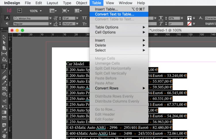 Import table from Word to InDesign: convert text to table