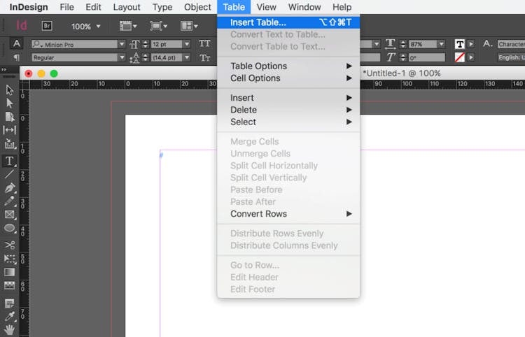 How to draw a table in InDesign: Click on Insert Table
