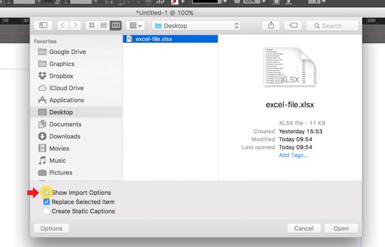 Import an Excel file into InDesign: Check Show Import Options